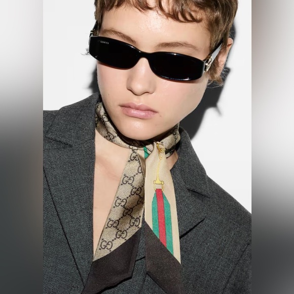 GUCCI Interlocking G Horsebit Web Print Silk Neck Bow In Brown NEW IN BOX - Picture 1 of 12